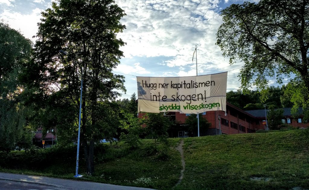 banner, hugg ner kapitalismen inte skogen! skydda vilseskogen